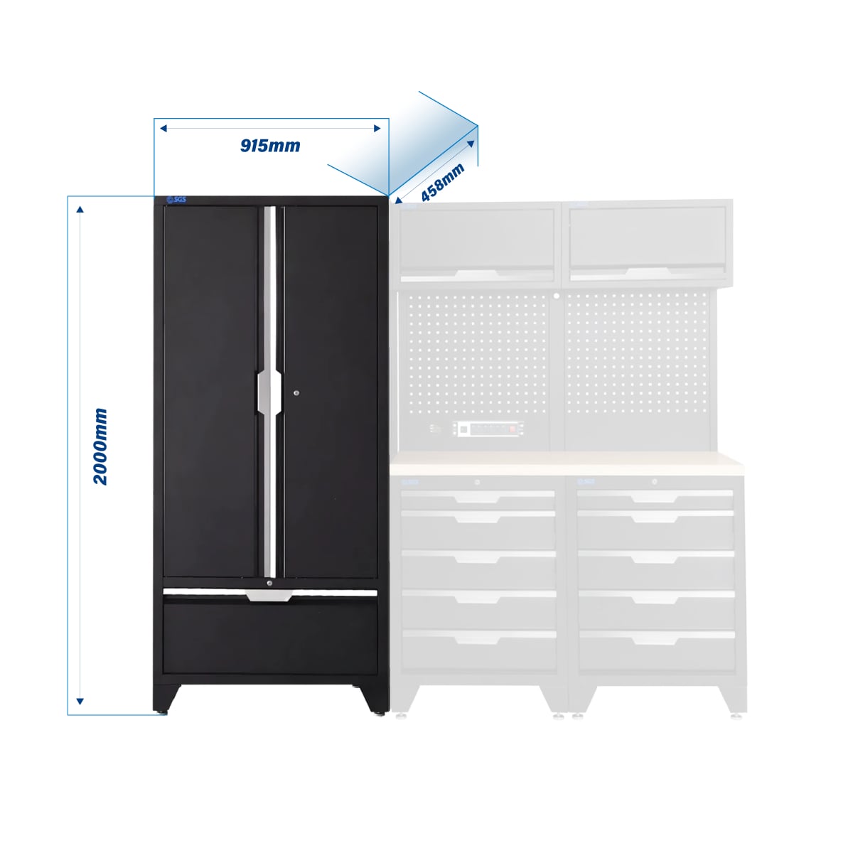 SGS 7pc Garage Storage System | 10 Drawers | Pressed Wood Worktop | 2x Upper Cabinets | Tall Double Cabinet with Drawer | Pegboard with Power Strip